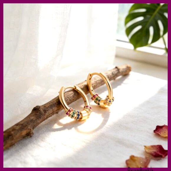 14K Gold Plated Cubic Zirconia Huggie Hoop Earrings, Chunky Round Bead Design - Picture 6 of 7